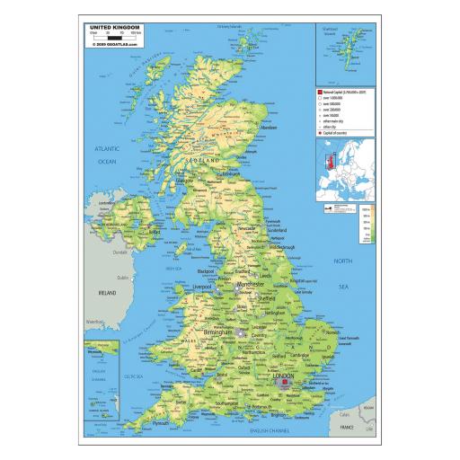 UK Physical Map - Laminated